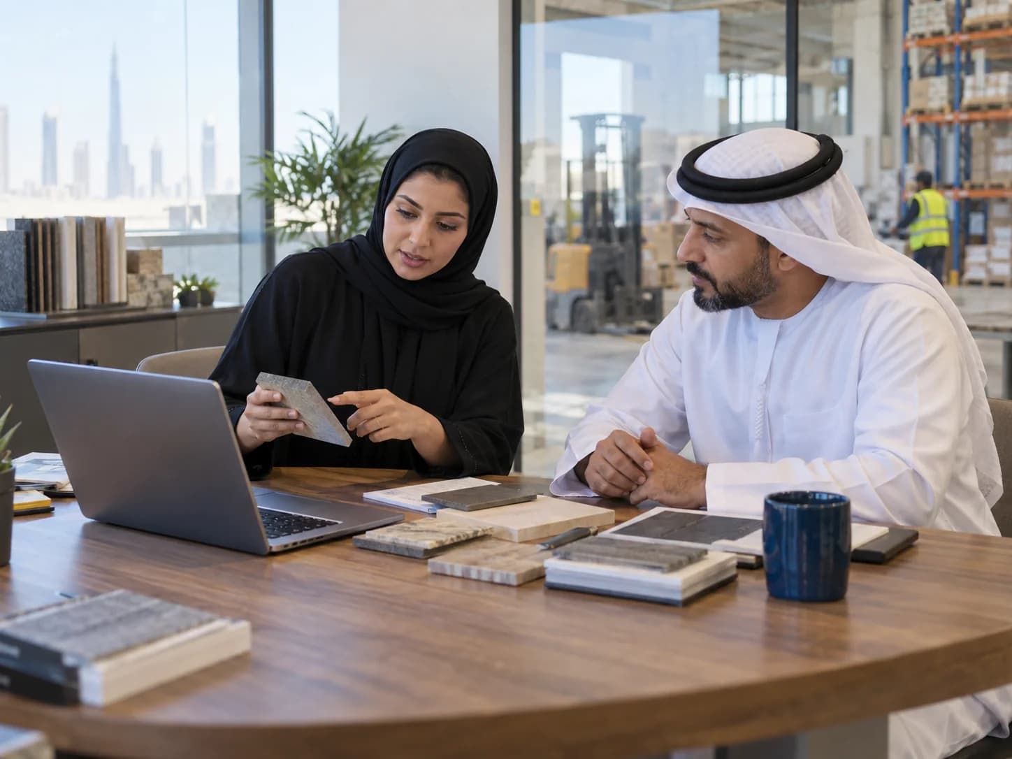 Purchasing manager reviews material samples with a supplier