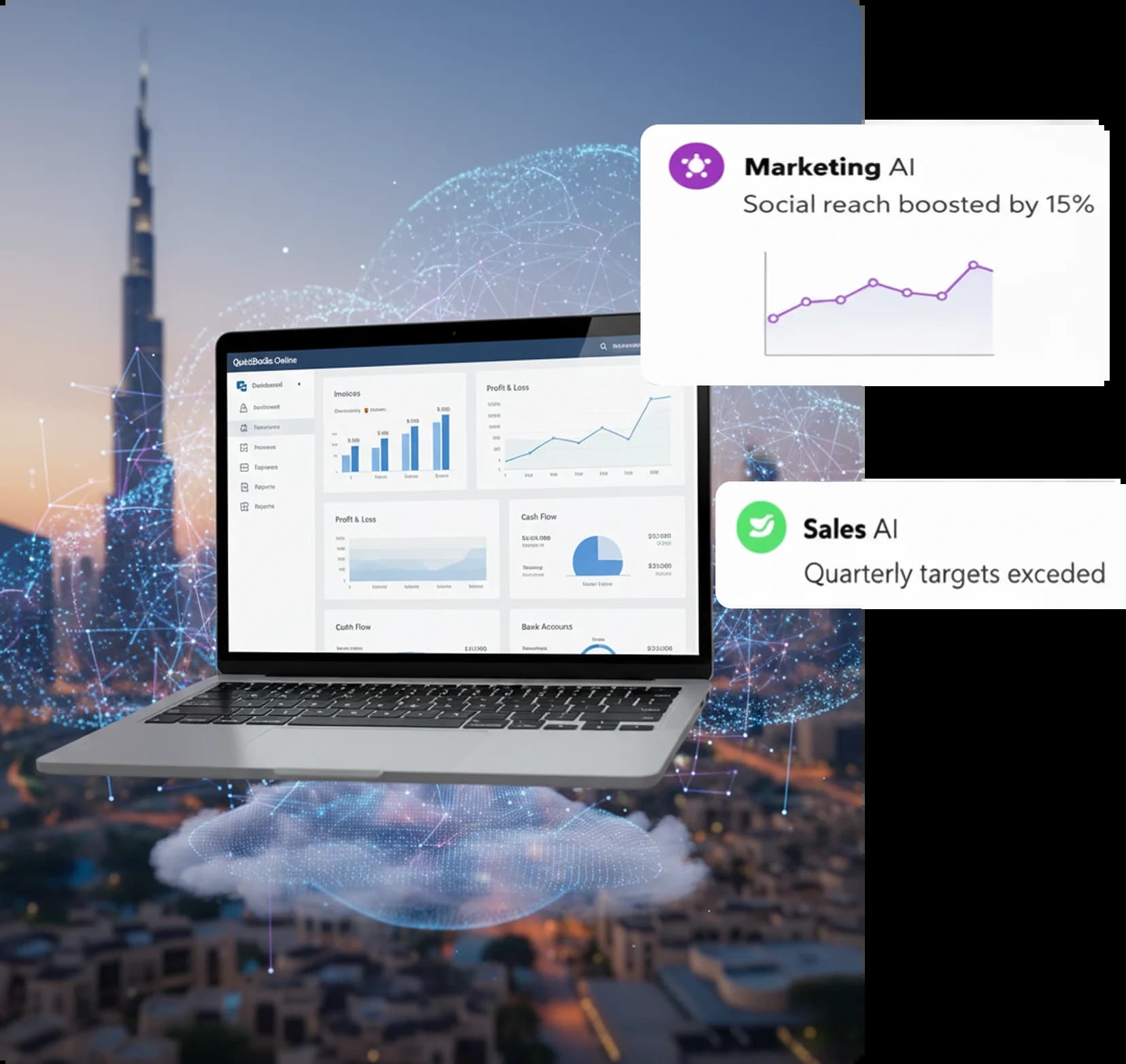 QuickBooks Online dashboard with AI marketing and sales insights