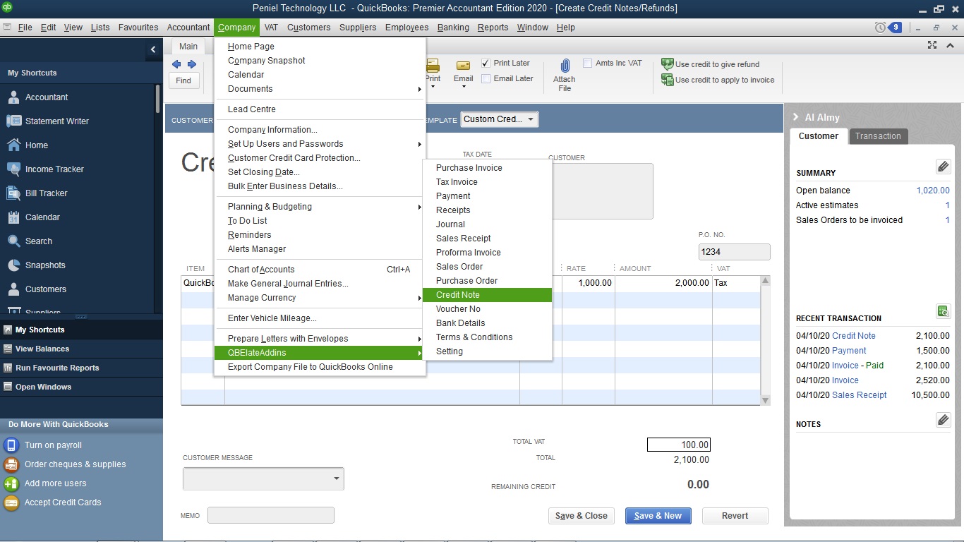 quickbooks credit memo for overpayment